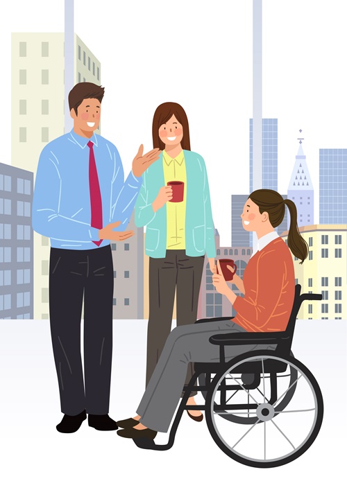 비장애 남자와 여자 나란히 서서 휠체어에 앉아 있는 장애인과 이야기 하고 있는 일러스트