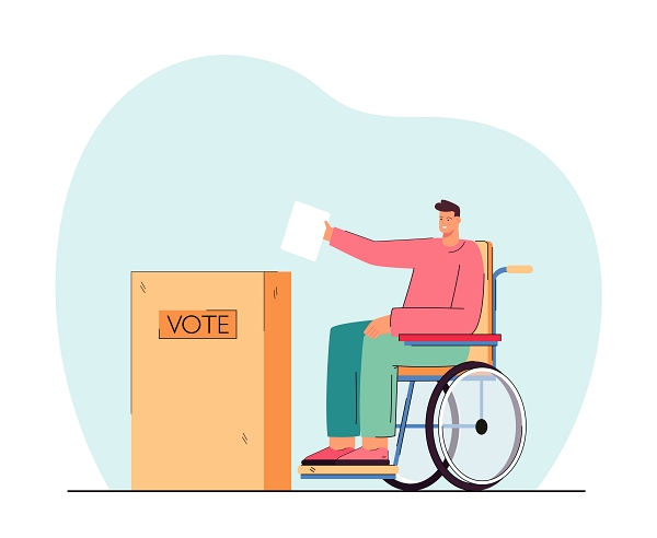 휠체어에 앉아있는 남성 장애인이 흰 종이를 들고 투표함에 종이를 넣고 있는 일러스트 그