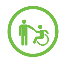 휠체어를 탄 사람과 그의 손을 잡고 있는 사람이 그려진 픽토그램 