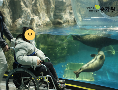 우측 상단에 장애가족 행복지킴이 승가원CI 삽입/ 휠체어에 앉아 있는 장애가족이 물속에서 헤엄치는 물개들을 바라보고 있다.